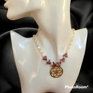 HANDMADE Shell Citrine Czech Tulip Glass Beaded Mandala Collar Necklace